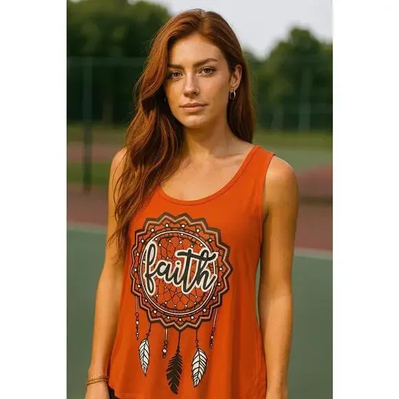 No Boundaries XL Tank Top Faith Dreamcatcher Graphic Boho Orange Crisscross Back - Picture 1 of 4
